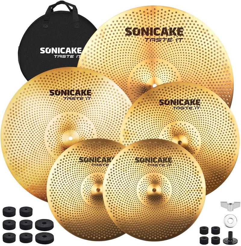 SONICAKE Low Volume Cymbal Pack Quiet Cymbal Set 14"Hi-hats+16"Crash+18"Crash+20"Ride 5 Pcs Mute Drum Cymbal Set with Bag and Felts for Practice, Golden - Image 1